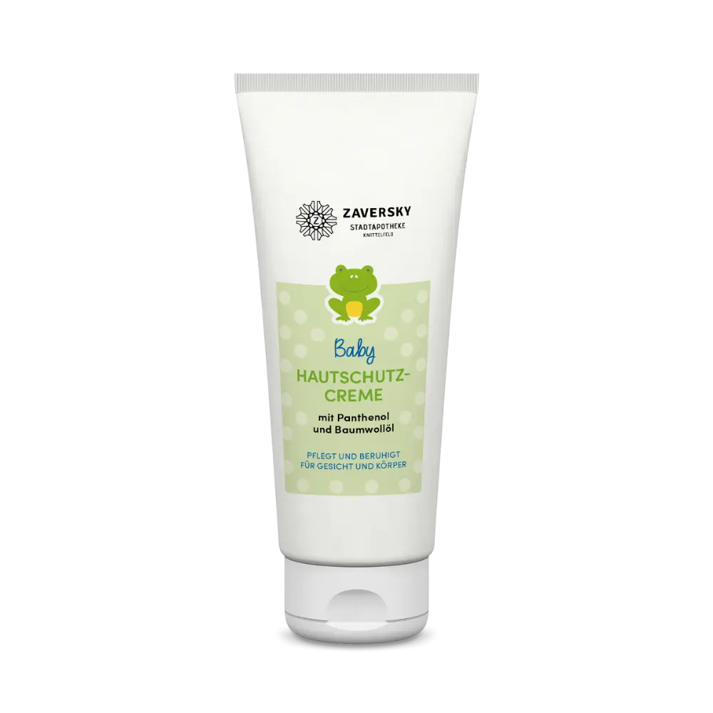 Zaversky Baby Hautschutzcreme in weißer Tube mit grünem Etikett, Froschmotiv und Hinweis auf Panthenol und Baumwollöl