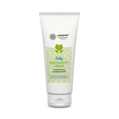 Zaversky Baby Hautschutzcreme in weißer Tube mit grünem Etikett, Froschmotiv und Hinweis auf Panthenol und Baumwollöl