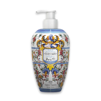 Italian Flowers Bade- und Duschgel „Amalfi“ im weißen Pumpspender mit buntem Blumen-Dekor, Duft Peony, 700 ml