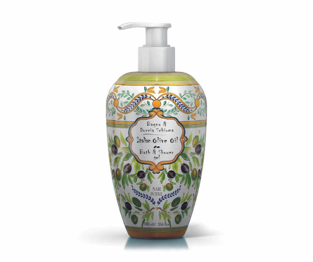 Bade- und Duschgel Italian Olive Oil im Pumpspender mit mediterranem Olivenzweig-Dekor, 700 ml, Made in Italy