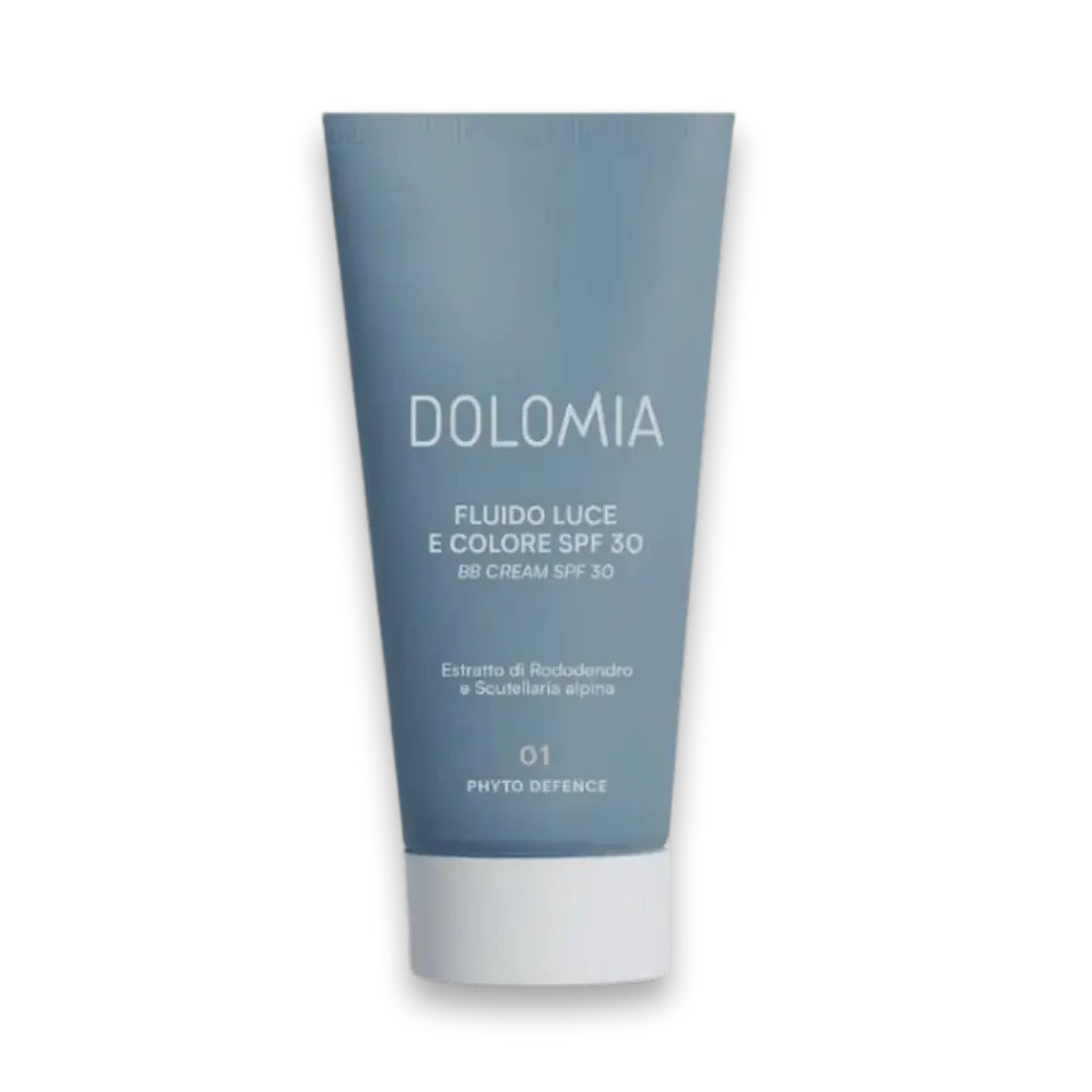 Dolomia BB Cream SPF 30 Fluido Luce e Colore in blaugrauer Tube mit weißer Kappe, Farbton 01 Phyto Defence, Vorderansicht