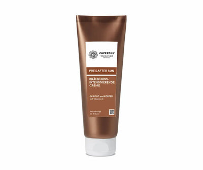 Zaversky Bräunungsintensivierende Creme Pre&After Sun in bronzefarbener Tube mit weißem Klappdeckel, Vorderansicht