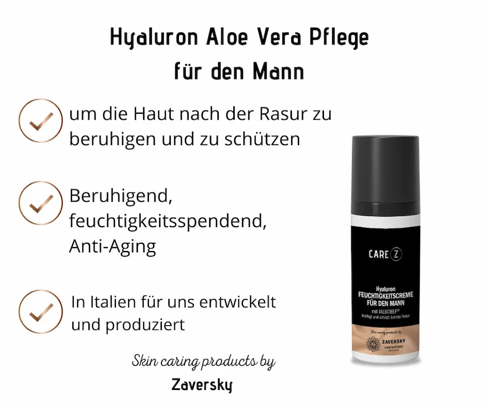 CARE Z Hyaluron Feuchtigkeitscreme für den Mann, schwarze Pumpflasche mit Infografik: beruhigt Haut nach der Rasur, feuchtigkeitsspendend, aus Italien