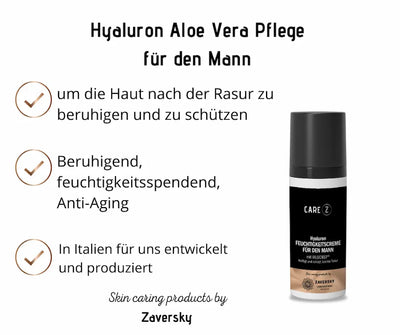 CARE Z Hyaluron Feuchtigkeitscreme für den Mann, schwarze Pumpflasche mit Infografik: beruhigt Haut nach der Rasur, feuchtigkeitsspendend, aus Italien
