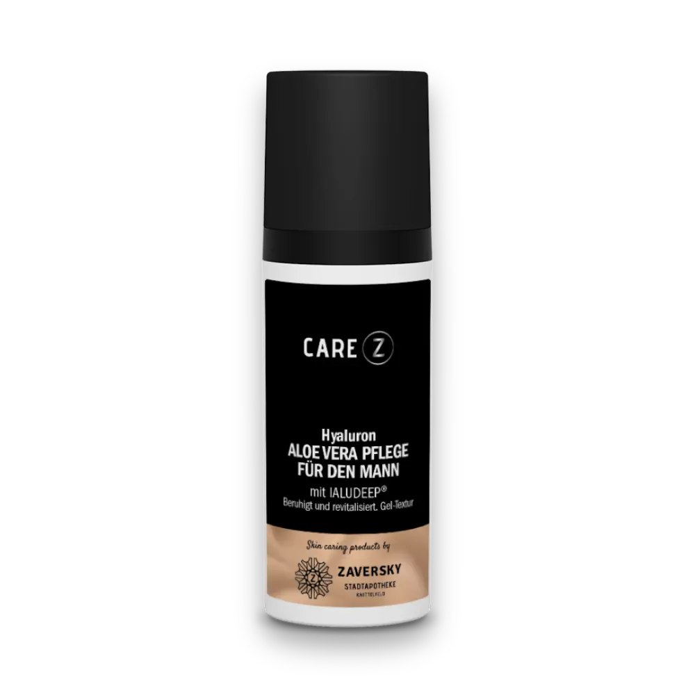 CARE Z Hyaluron Aloe Vera Pflege für den Mann, weiße Tube mit schwarzer Kappe und schwarz-goldenem Etikett, mit Ialudeep.