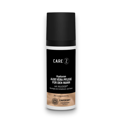 CARE Z Hyaluron Aloe Vera Pflege für den Mann, weiße Tube mit schwarzer Kappe und schwarz-goldenem Etikett, mit Ialudeep.