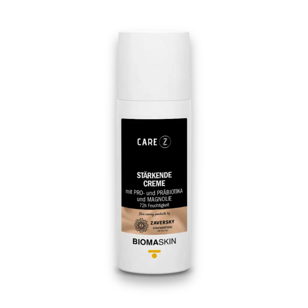 CARE Z Stärkende Creme, weißer Spender mit schwarz-beigem Etikett, "mit Pro- und Präbiotika und Magnolie, 72h Feuchtigkeit", Biomaskin.