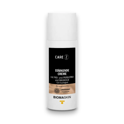 CARE Z Stärkende Creme, weißer Spender mit schwarz-beigem Etikett, "mit Pro- und Präbiotika und Magnolie, 72h Feuchtigkeit", Biomaskin.