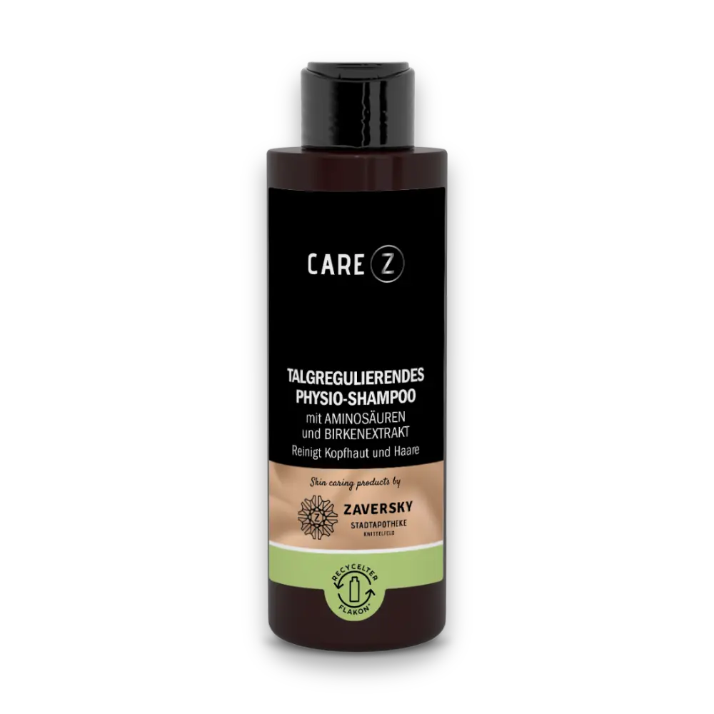 CARE Z Talgregulierendes Physio-Shampoo mit Aminosäuren und Birkenextrakt, braune Flasche mit Klappdeckel, reinigt Kopfhaut und Haare.