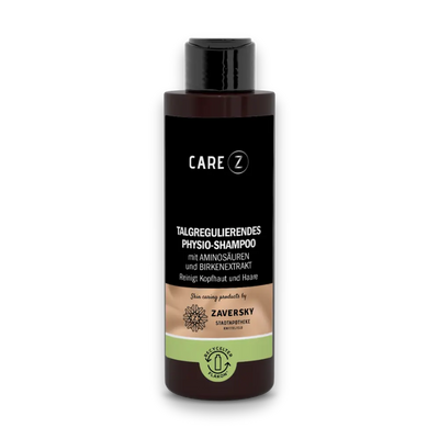 CARE Z Talgregulierendes Physio-Shampoo mit Aminosäuren und Birkenextrakt, braune Flasche mit Klappdeckel, reinigt Kopfhaut und Haare.