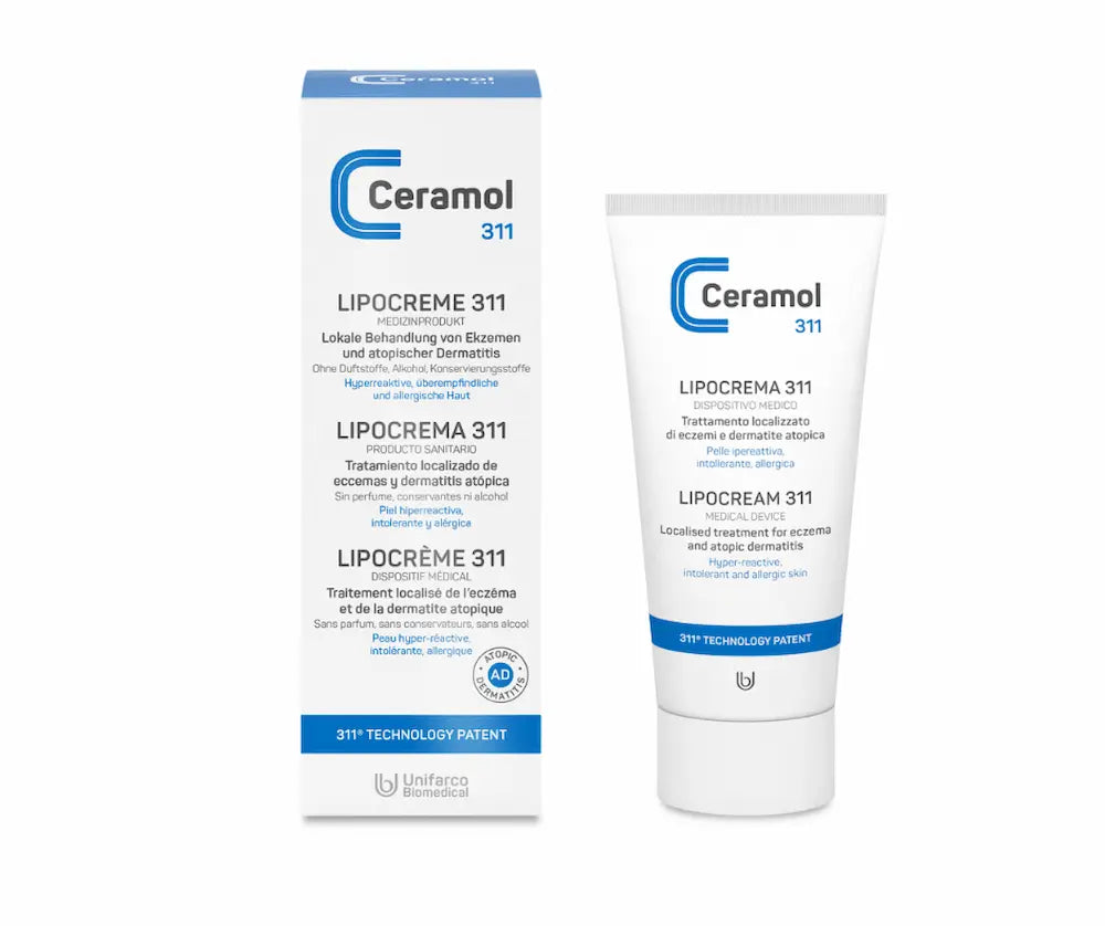 Ceramol 311 Lipocreme Tube und Faltschachtel in Weiß-Blau, Medizinprodukt zur lokalen Behandlung bei Ekzemen und atopischer Dermatitis
