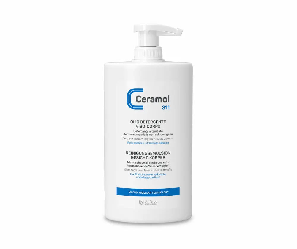 Ceramol 311 Reinigungsemulsion für Gesicht und Körper in weißer Pumpflasche, nicht schaumbildende Waschemulsion für empfindliche Haut