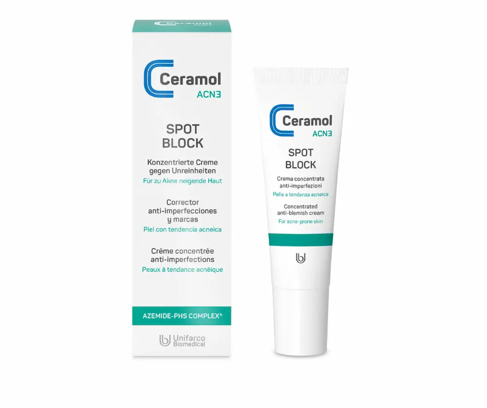 Ceramol ACN3 Spot Block, konzentrierte Creme gegen Unreinheiten, weiße Tube mit grünen Akzenten neben Faltschachtel