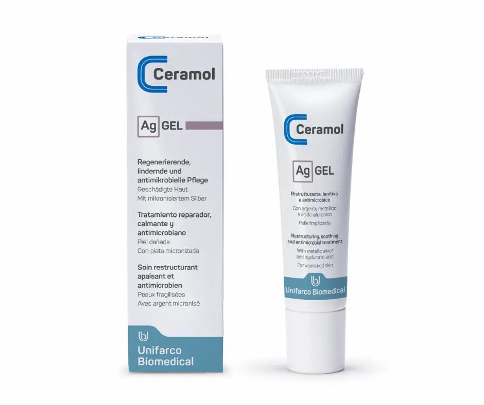 Ceramol Ag Gel, weiße Faltschachtel und Tube mit blauem Logo, regenerierende und antimikrobielle Pflege von Unifarco Biomedical
