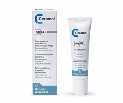 Ceramol Ag Gel, weiße Faltschachtel und Tube mit blauem Logo, regenerierende und antimikrobielle Pflege von Unifarco Biomedical