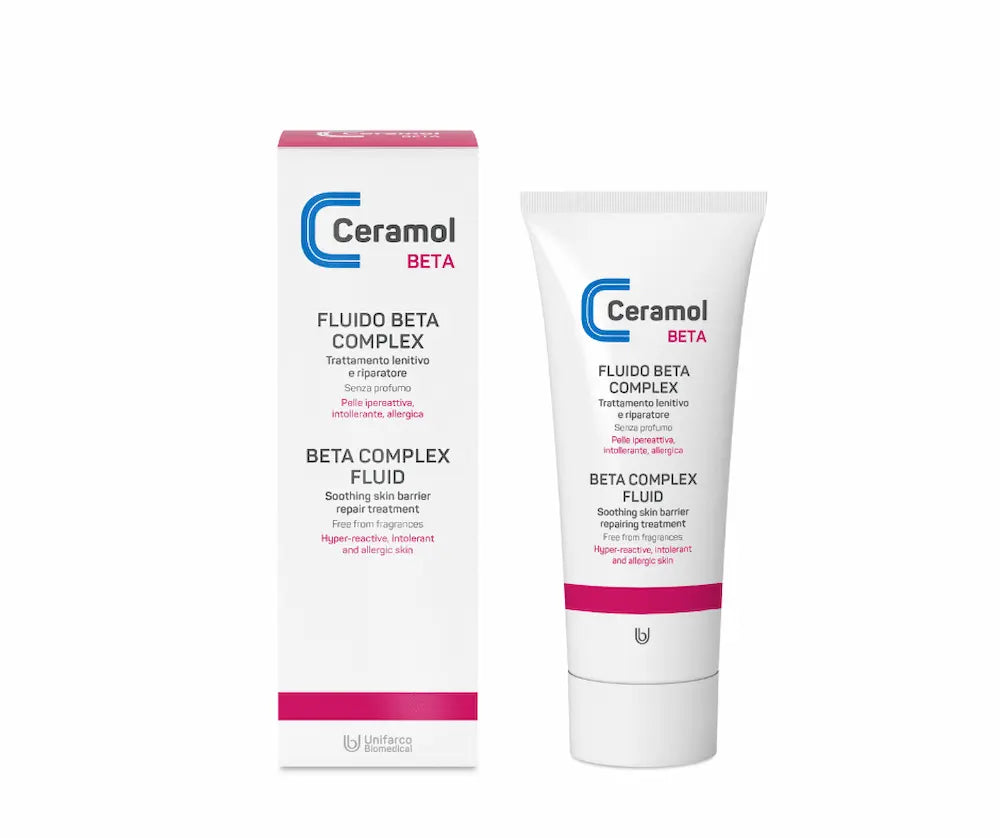 Ceramol Beta Complex Fluid in weißer Tube mit pinkem Akzent und passender Faltschachtel, Vorderansicht nebeneinander