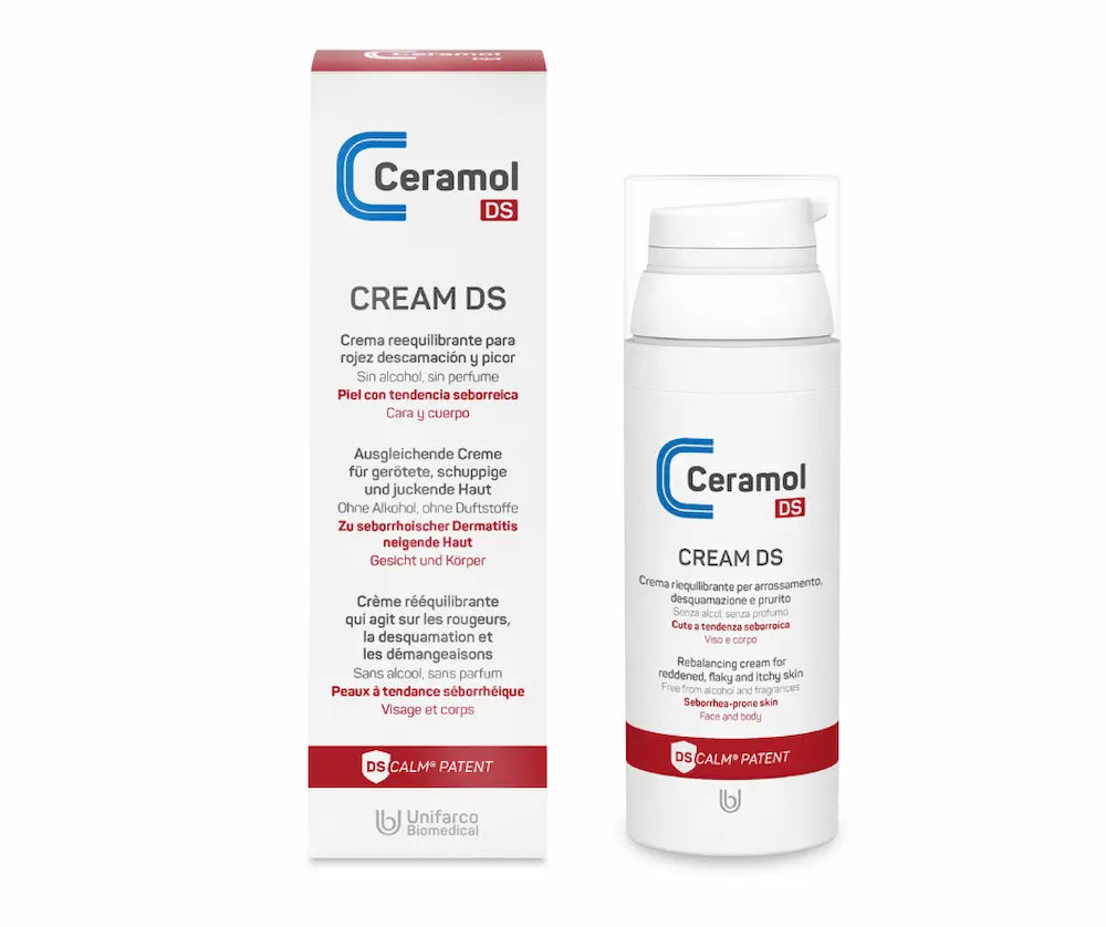 Ceramol DS Cream ausgleichende Creme für gerötete, schuppige und juckende Haut, weißer Pumpspender neben Faltschachtel