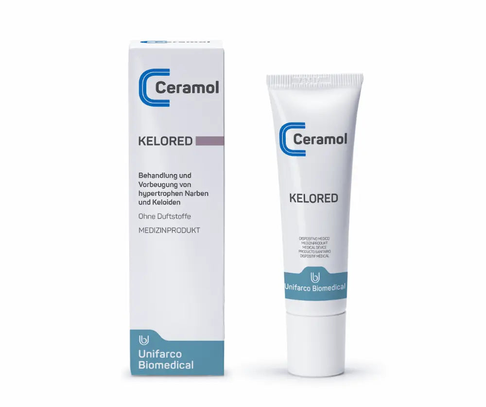 Ceramol Kelored zur Behandlung und Vorbeugung von Narben, weiße Tube neben Faltschachtel mit blauem Logo
