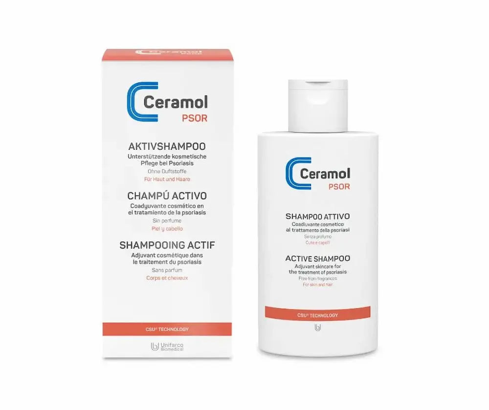 Ceramol PSOR Aktivshampoo in weißer Flasche neben passender Faltschachtel mit orangefarbenen Akzenten, Vorderansicht