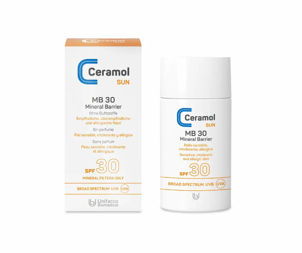 Ceramol SUN MB 30 Mineral Barrier Sonnenschutz SPF 30, weiße Faltschachtel und Flasche mit blau-orangem Logo, Vorderansicht