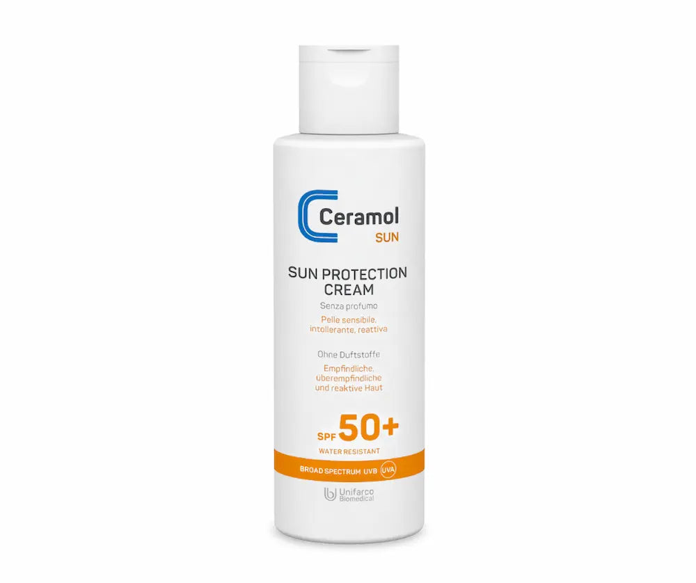 Ceramol Sun Protection Cream LSF 50+ in weißer Flasche, ohne Duftstoffe, für empfindliche und reaktive Haut, water resistant