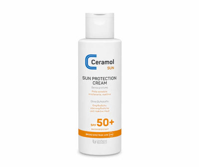 Ceramol Sun Protection Cream LSF 50+ in weißer Flasche, ohne Duftstoffe, für empfindliche und reaktive Haut, water resistant