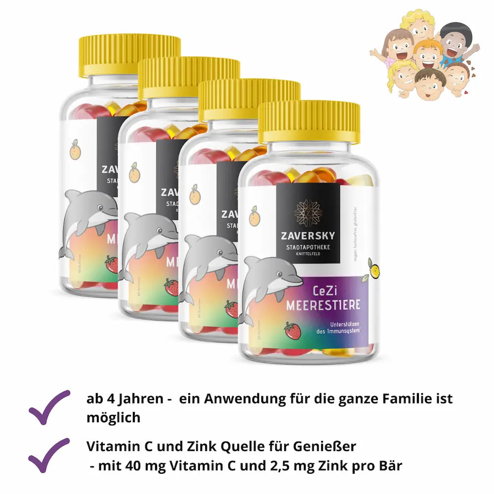 Zaversky CeZi Meerestiere Gummibären mit Delfin-Motiv, vier Flaschen, Kinderillustration und Hinweise zu Anwendung ab 4 Jahren sowie Vitamin C und Zink pro Bär.