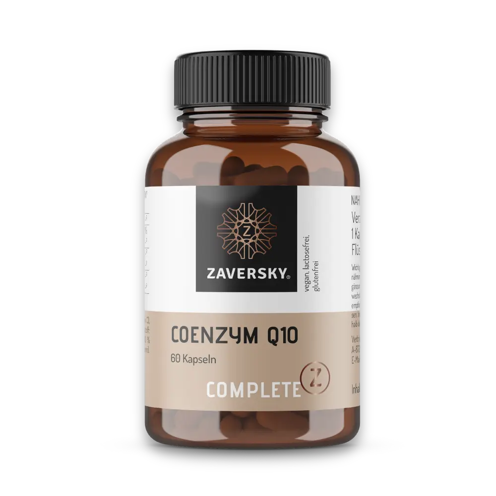 Zaversky Complete Z Coenzym Q10, 60 Kapseln, braune Dose mit schwarzem Deckel, vegan und glutenfrei.