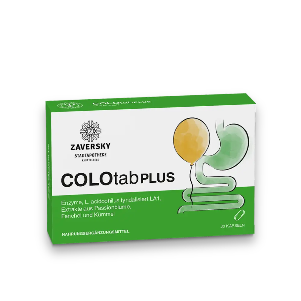 Verpackung COLOtab PLUS von Zaversky, grün-weiß, mit Illustration von Ballon und Darm, 30 Kapseln, Nahrungsergänzungsmittel.