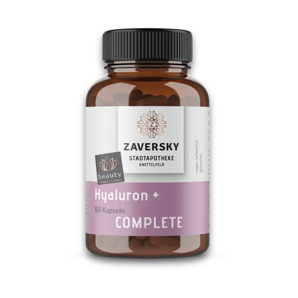 Braune Kapseldose Zaversky Hyaluron + Complete, 60 Kapseln, mit lila Etikett, "beauty" Label, vegan, laktose- und glutenfrei.