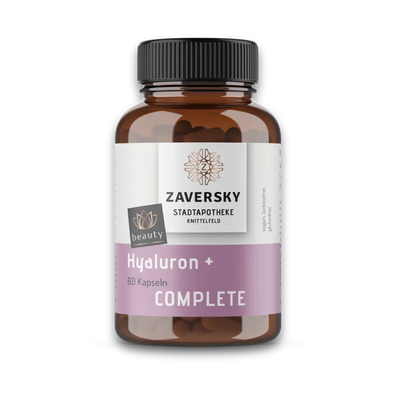 Braune Kapseldose Zaversky Hyaluron + Complete, 60 Kapseln, mit lila Etikett, "beauty" Label, vegan, laktose- und glutenfrei.