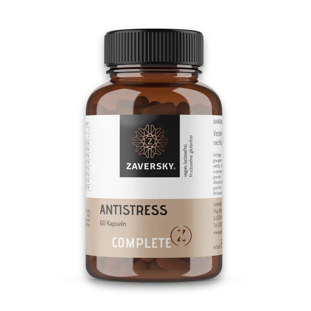 Complete Z Antistress von Zaversky, braune Kapseldose mit 60 Kapseln, vegan, lactose-, fructose- und glutenfrei.