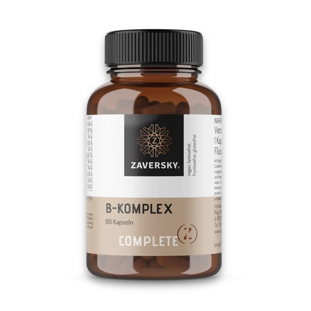 Complete Z B-Komplex von Zaversky, 60 Kapseln in brauner Glasflasche mit schwarzem Deckel und Nährwerttabelle auf dem Etikett.