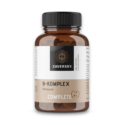 Complete Z B-Komplex von Zaversky, 60 Kapseln in brauner Glasflasche mit schwarzem Deckel und Nährwerttabelle auf dem Etikett.
