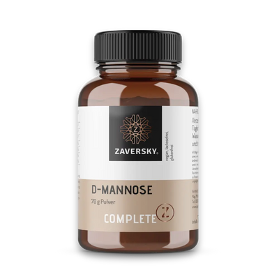 Complete Z D-Mannose Pulver 70 g von Zaversky, braune Glasflasche mit schwarzem Deckel, vegan, laktose- und glutenfrei