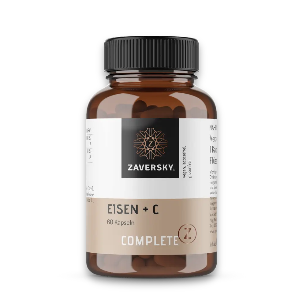 Complete Z Eisen + C von Zaversky, braune Kapseldose mit 60 Kapseln, Etikett mit Logo, vegan, laktose- und glutenfrei