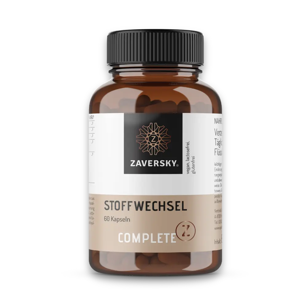 Complete Z Stoffwechsel von Zaversky, braune Kapseldose mit 60 Kapseln, vegan und laktosefrei, schwarzer Schraubverschluss.