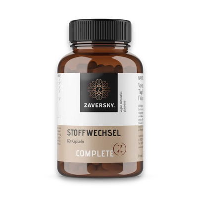 Complete Z Stoffwechsel von Zaversky, braune Kapseldose mit 60 Kapseln, vegan und laktosefrei, schwarzer Schraubverschluss.
