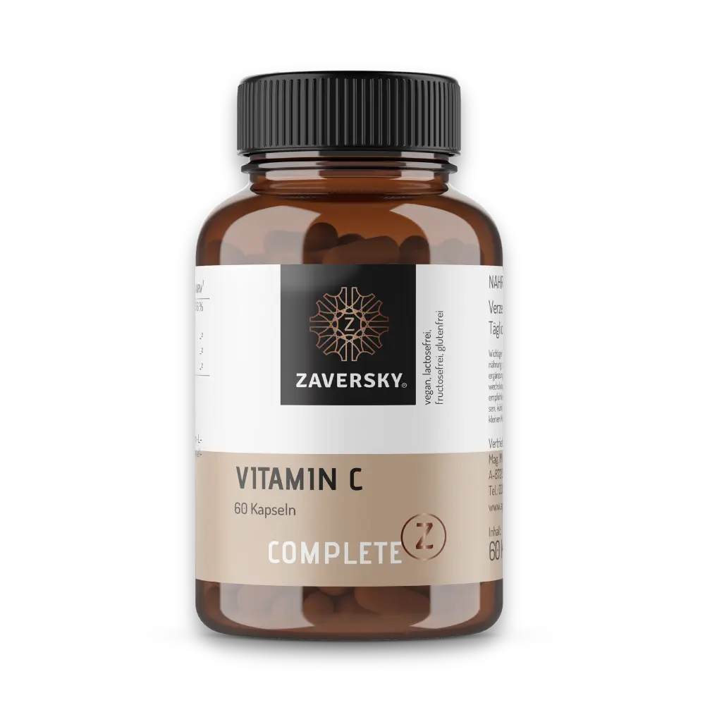 Braunglasdose Complete Z Vitamin C von Zaversky mit 60 Kapseln, schwarzem Deckel und Etikett „vegan, lactosefrei, fructosefrei, glutenfrei".