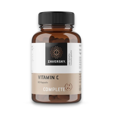 Braunglasdose Complete Z Vitamin C von Zaversky mit 60 Kapseln, schwarzem Deckel und Etikett „vegan, lactosefrei, fructosefrei, glutenfrei".