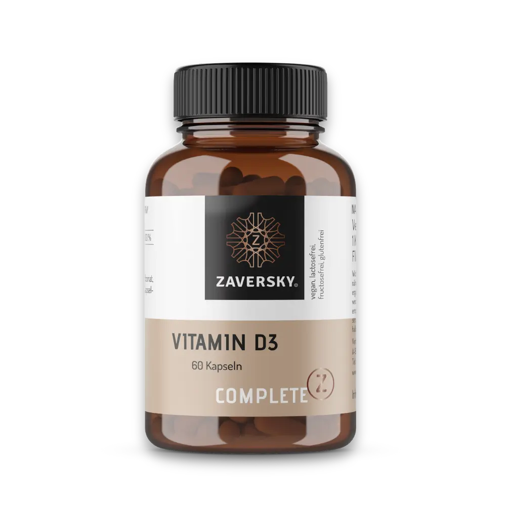 Zaversky Complete Z Vitamin D3, 60 Kapseln, braune Dose mit schwarzem Schraubverschluss und beigem Etikett.