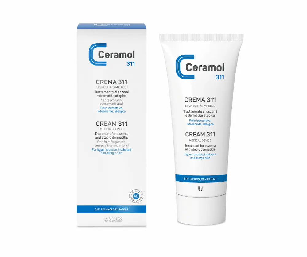 Ceramol Crema 311 in weißer Tube und passender Faltschachtel mit blauem Logo, medizinische Creme für trockene, gereizte Haut