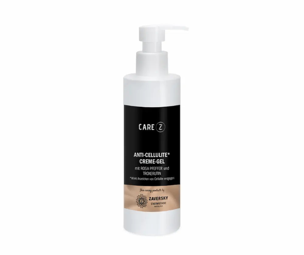 CARE Z Anti-Cellulite Creme-Gel mit Rosa Pfeffer und Troxerutin in weißer Pumpflasche mit schwarzem Etikett, Zaversky
