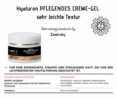 CARE Z Hyaluron Pflegendes Creme-Gel mit Malvenextrakt im Tiegel, daneben Infografik zu Hauptaktivstoffen und Wirkung.