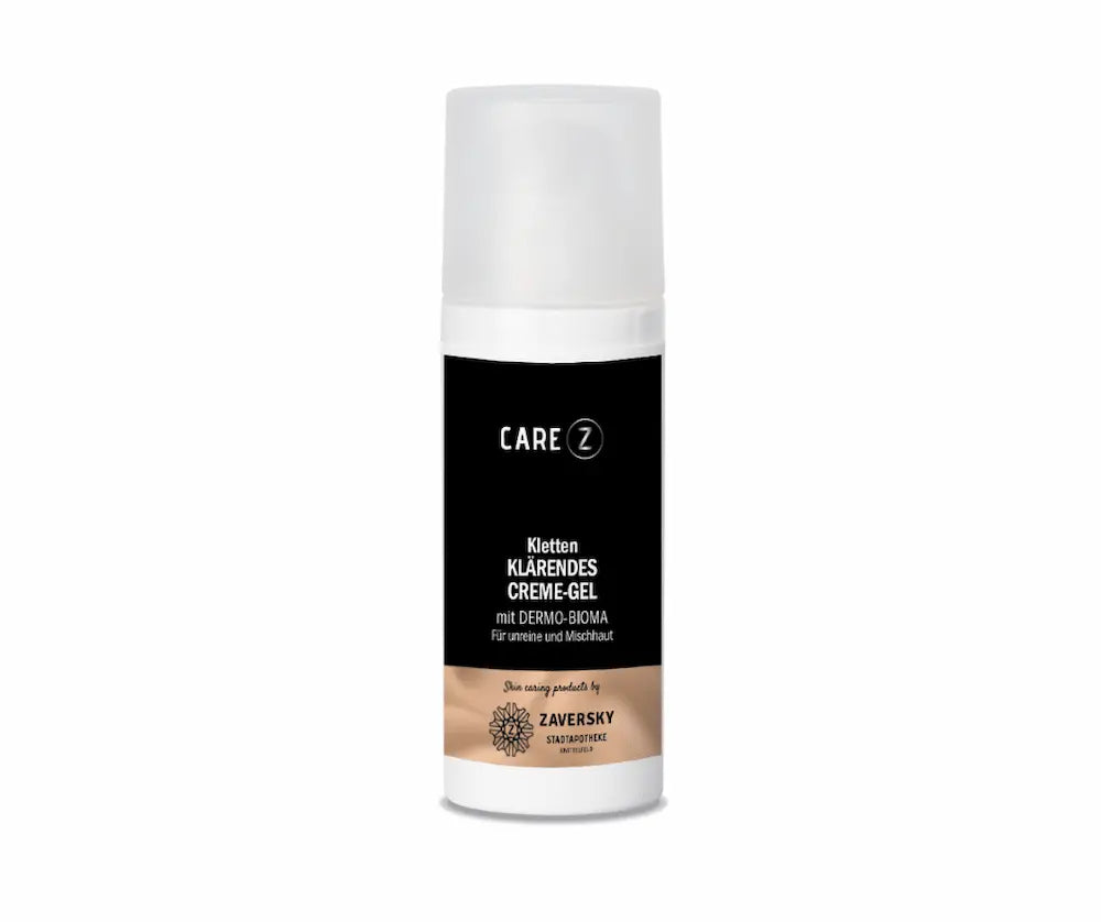 CARE Z Klärendes Creme-Gel im weißen Pumpspender mit schwarzem Etikett, mit Dermo-Bioma für unreine und Mischhaut