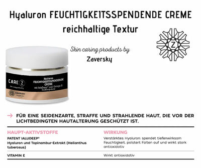 CARE Z Hyaluron Feuchtigkeitsspendende Creme im weißen Tiegel, daneben Infografik mit Haupt-Aktivstoffen IaluDeep und Vitamin E sowie deren Wirkung.