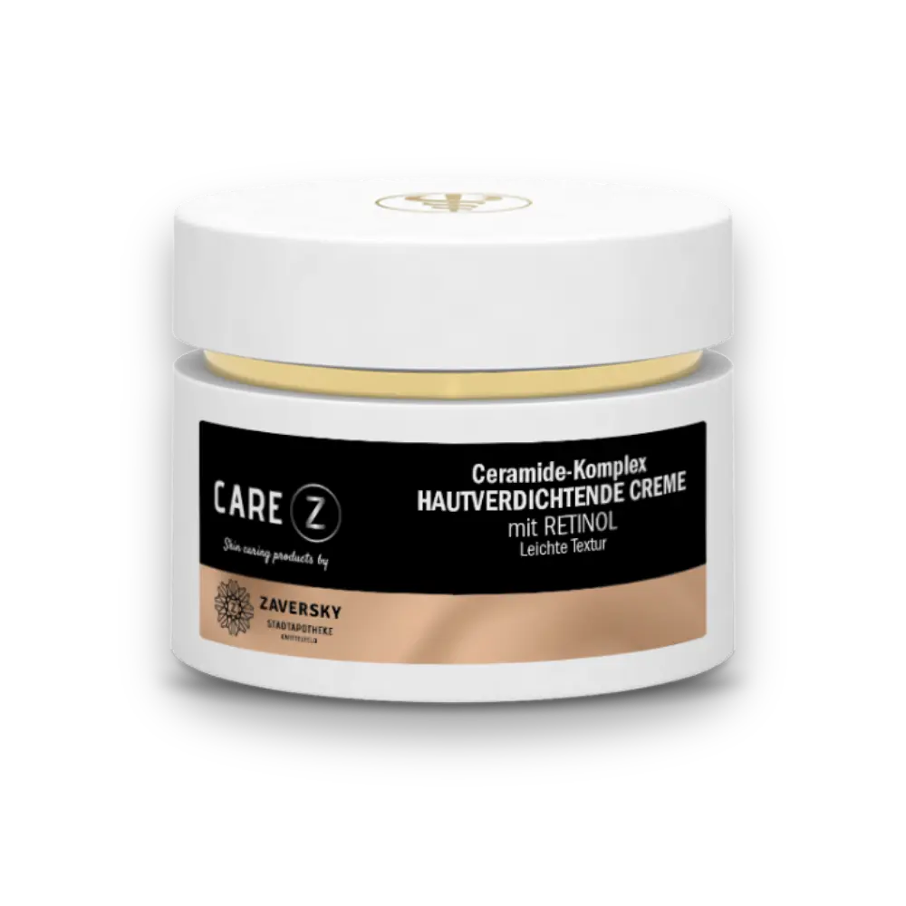 CARE Z Ceramide-Komplex Hautverdichtende Creme mit Retinol, leichte Textur, weißer Tiegel mit goldenem Deckelaufdruck.