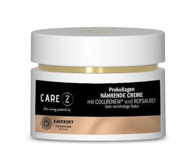 Care Z Prokollagen Nährende Creme im weißen Tiegel mit schwarzem Etikett, mit COLLRENEW und Rotsalbei, Vorderansicht