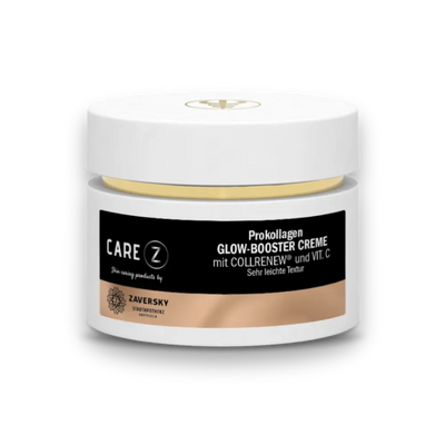 Weißer Cremetiegel CARE Z Prokollagen Glow-Booster Creme mit Collrenew und Vitamin C, schwarzes Etikett, Zaversky Stadtapotheke, Vorderansicht
