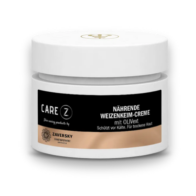 Weißer Cremetiegel CARE Z Nährende Weizenkeim-Creme mit OLIVext von Zaversky, schwarzes Etikett, Vorderansicht